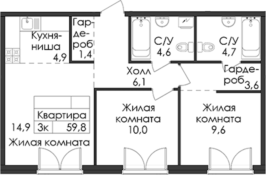 2-комнатная квартира 59.8 м², 2/9 эт., ЖК «Лермонтовский 54»